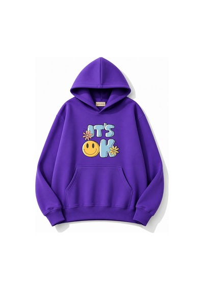Herkesemoda İt's Ok Baskılı Kapüşonlu 2 İplik Şardonlu Sweatshirt Mor