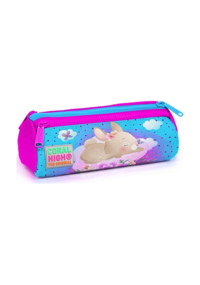 Coral High Kids Mavi Pembe Tavşan Desenli Üç Bölmeli Kalem Çantası 22036 Çok Renkli