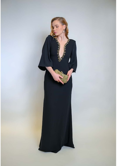 Crystalia Hazel Dress Krep Kumaş Taş İşlemeli - Siyah Siyah