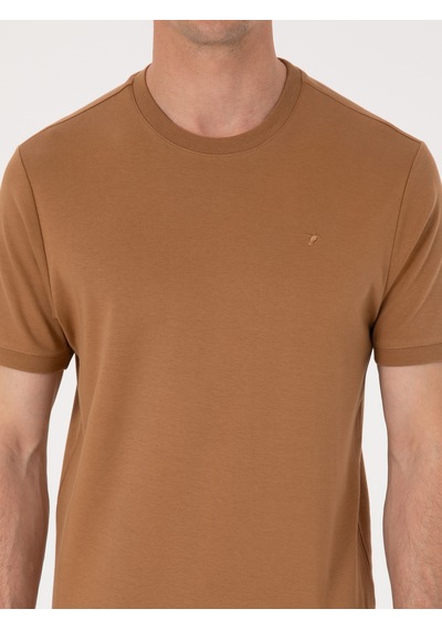 Kahverengi Regular Fit %100 Pamuk Bisiklet Yaka Basic T-shirt HARDAL
