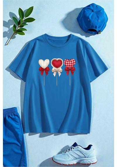 Uyguntarz Şekerleme Lolilop Kalp Baskılı Tasarım Tshirt Mavi