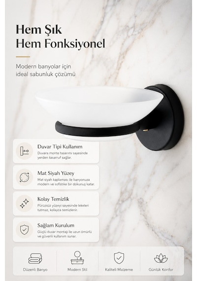 Alper Banyo Lotus Yapışkanlı Mat Siyah Sabunluk, Plastik Tabaklı