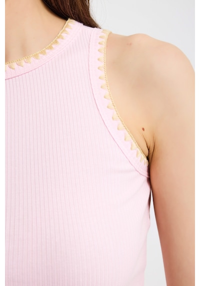 Kadın Pembe S6-98 Crop Fit Süper Elastan Sarı İşlemeli Body