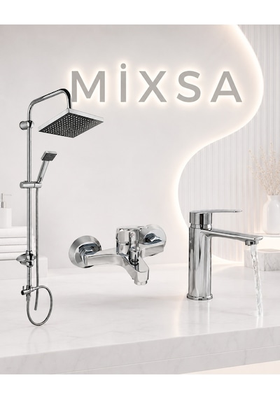 Lüx Premium Krom Robot Duş Seti Banyo Bataryası Sabit Lavabo Bataryası 3'lü Set Modern Tasarım