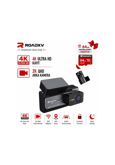 Roadxv S8 4k Ön + 2k Arka Wifi Araç Kamerası, Sony Imx335 Sensör, Gps, Adas, Süper Gece Görüşü, G-sensör, 64gb Kart Hediyeli