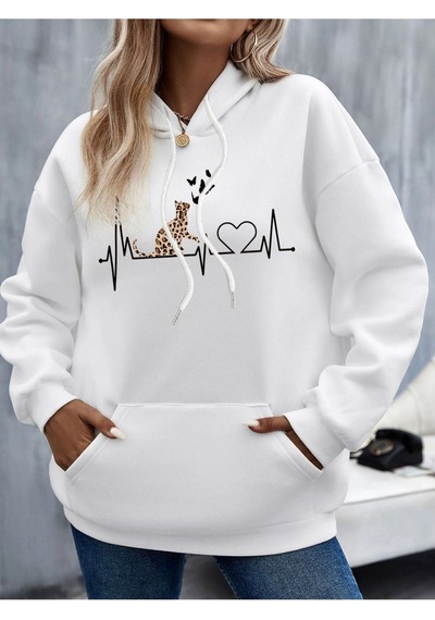 Altamira Beyaz Kedi Baskılı Oversize Kapşonlu Sweatshirt 001