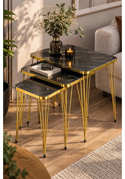 Sulorahome Siyah Mermer Desenli Gold Metal Ayaklı 3'lü Zigon Sehpa Takımı