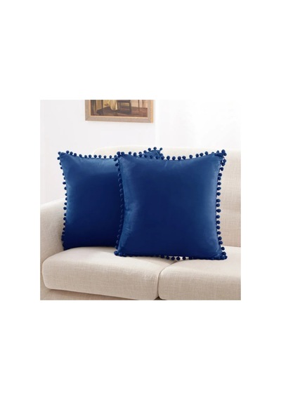 Ponponlu Dekoratif Kırlent Kılıfı 2 Adet 50x50 Cm Lacivert