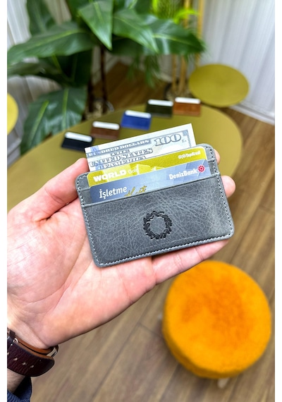 Unisex Antrasit Gri Mini Design Hakiki Deri Kartlık Cüzdan Erkek - Kadın Gri
