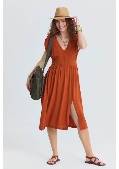V Yaka Sırt Dekolteli Midi Elbise Kiremit
