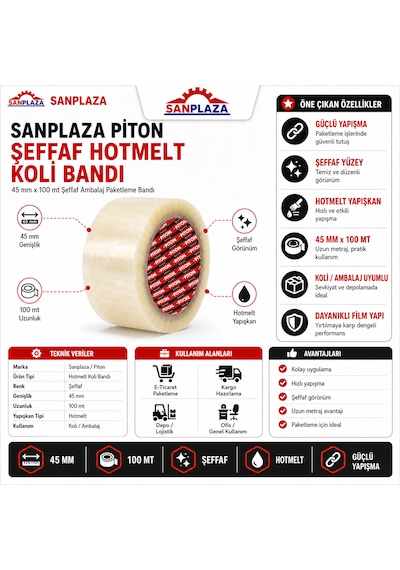 Sanplaza Şeffaf Hotmelt Koli Bandı 45 Mm X 100 Mt Güçlü Yapışkanlı Paketleme Ambalaj Bandı 2 Adet
