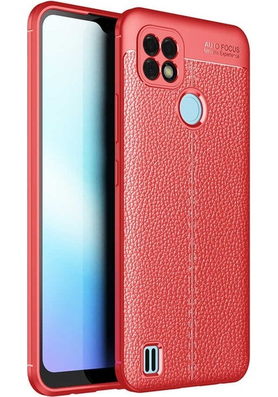 Kilifone - Realme C21 Uyumlu Kılıf Deri Dikiş Görünümlü Niss Karbon Silikon Kapak - Kırmızı - T17288