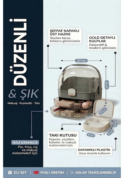 Makri Home Çok Bölmeli Şeffaf Çekmeceli Makyaj & Kozmetik Organizeri Gri Ve İkili Çekmeceli Organizer Gri