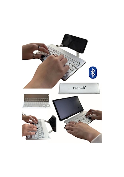 TECH-X Katlanabilir Win/Apple Uyumlu iOS/Android Bluetooth Klavye Telefon Tutucu + Özel Kılıf