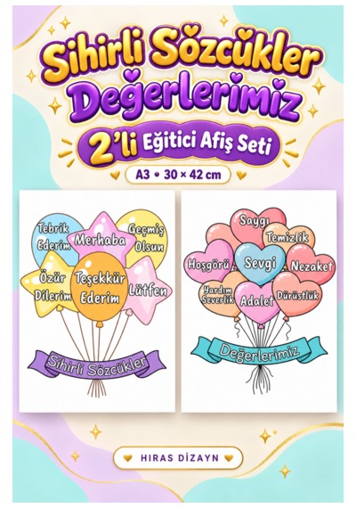 Hiras Dizayn Sihirli Sözcükler Ve Değerlerimiz 2'li A3 Eğitici Afiş Seti