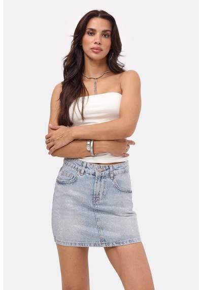 it's basic Kadın Ice T-4s6-3 Straight Mini Parlak Taşlı Tasarım Denim Etek Ice Rengi