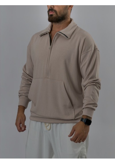 Cocopelli Fermuarlı Polo Yaka Bej Erkek Sweatshirt Coc3523
