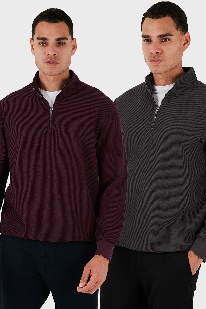 Buratti Pamuklu Regular Fit Yarım Fermuarlı Dik Yaka 2'Li Paket Erkek Sweat 5905716S2 Antrasit-Vişne