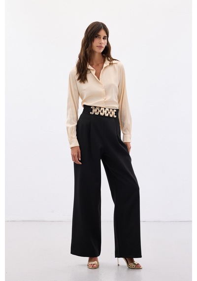 Sateen Kemerli Salaş Pantolon - Siyah-136532 Siyah