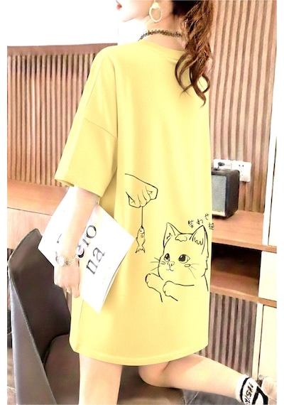 Fish And Cat Kadın Oversize Basic Bisiklet Yaka Pamuklu T-shirt Rahat Kesim Unisex Sari