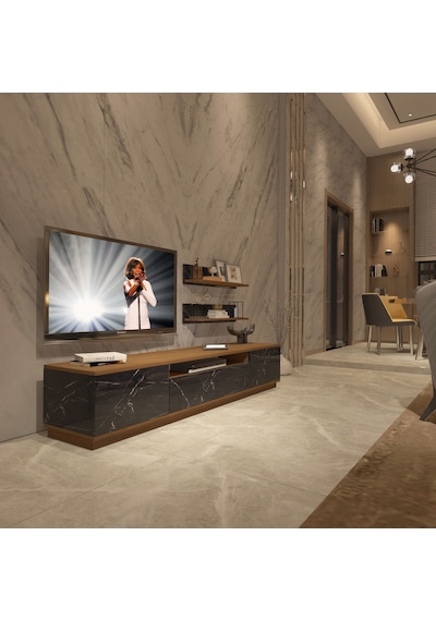 Decoraktiv Trio 4s Mdf Tv Ünitesi Tv Sehpası Ceviz - Siyah Mermer