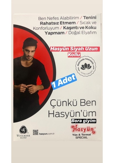 Hasyün Erkek Uzun Kollu Siyah Fanila Yün Içlik Termal Içlik
