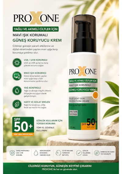 Proxone Yağlı Ve Akneli Ciltler İçin Güneş Kremi Mavi Işık Korumalı Spf50+ 125 Ml