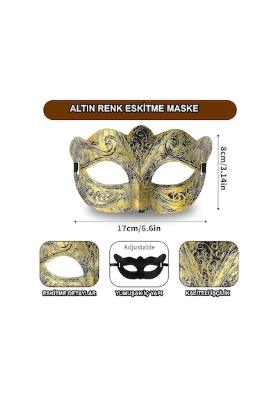 Altın Renk Eskitme Maskeli Balo Maskesi Venedik Tarzı Parti N188 Tüm Yaşlar