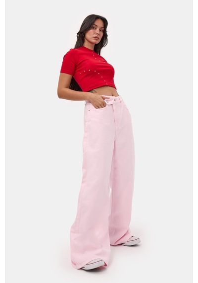 Kadın Light Pembe 6s6-98 Mega Baggy Fit Kemer Detaylı Denim Jean