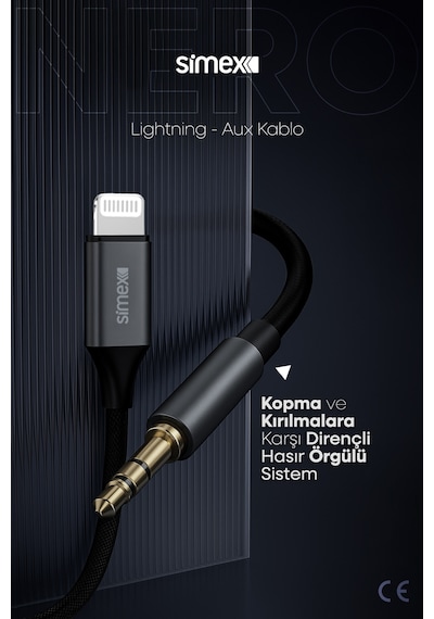 Simex Apple Uyumlu iPhone Lightning To 3.5mm Kumaş Aux Ses Kablosu Stereo Destekli 1.1m Nero Kumaş siyah