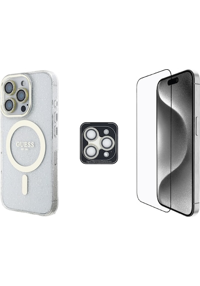 Apple Uyumlu iPhone 16 Pro Guess Lisanslı 3'lü Aksesuar Seti Iml Simli Kılıf Ekran Ve Lens Koruyucu Şeffaf