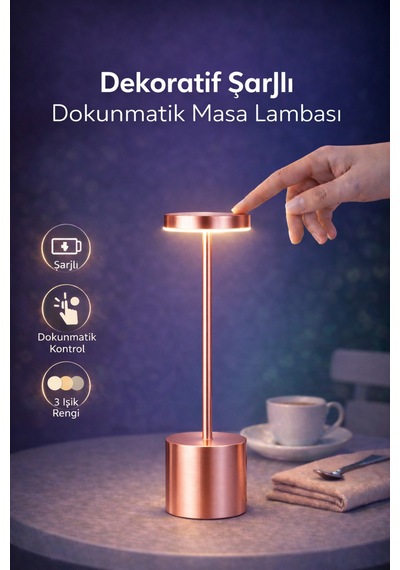 Dekoratif Masa Üstü Şarjlı Dokunmatik Masa Lambası Rose Gold 3 Işık Renkli Dimerli Metal Sarı