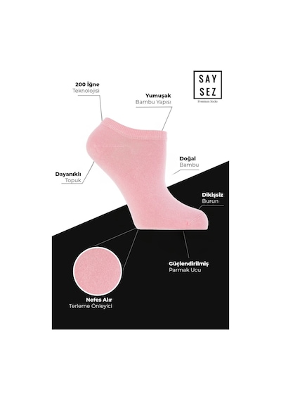 Saysez Bambu Kadın Sneaker Pembe Çorap Dikişsiz Görünmez Bilekte Spor Çorap Premium 4'lü Paket Renkli