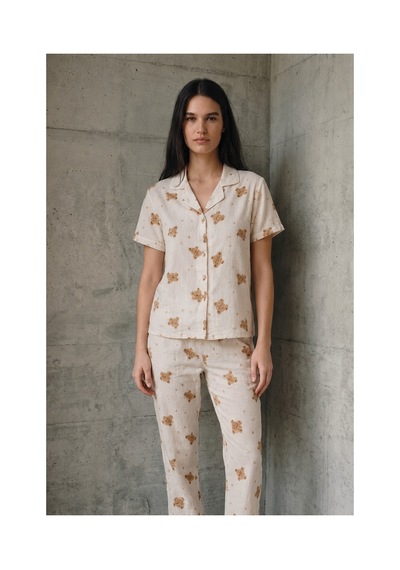 Fit Women V Yaka Düğmeli Casual Kırık Beyaz Pijama Takımı