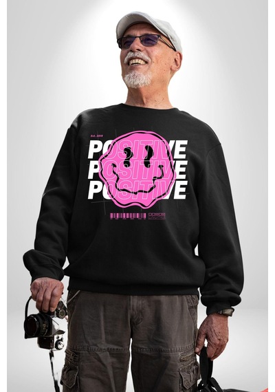 Positive Enerji Emoji Gülen Surat Unisex Siyah Sweatshirt Siyah