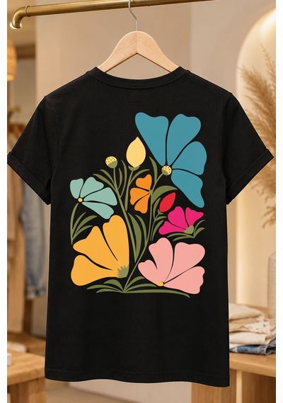 Spoyi Pastel Flora Tasarımlı %100 Pamuk Yarım Oversize Siyah T-shirt
