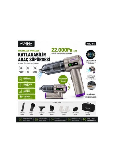 Auhma Ahv-06 22.000pa 6000mah Kablosuz Araç Süpürgesi Brushless Motor Katlanabilir Üfleme Çekme 3 Kademeli Gri-mor