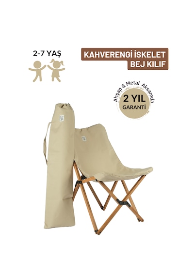Bag The Joy Kids Ahşap Katlanır Kamp Sandalyesi Kahverengi İskelet - Bej Kılf Bej