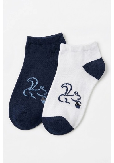 Cocole Socks Erkek Çocuk Patik Çorabı 2 Li Set Beyaz & Lacivert Sincap Desenli Çok Renkli