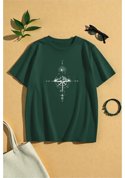 Uyguntarz Unisex Pusula Baskılı Tasarım Tshirt Yeşil