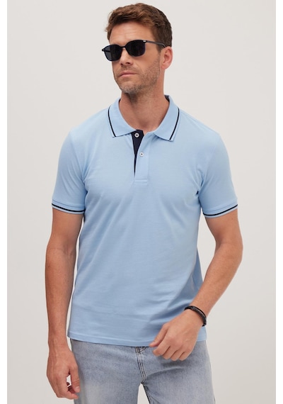 Tudors Erkek Slim Fit Dar Kesim %100 Pamuk Yumuşak Dokulu Serin Tutan Kumaş Düz Pike Mavi Polo Yaka Tişört-42247 Mavi