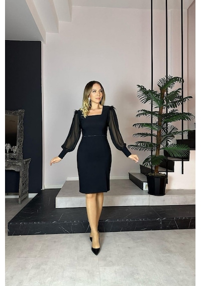 Ges Moda G0858 Otriş Detaylı Kare Yaka Abiye Elbise Siyah-siyah Siyah