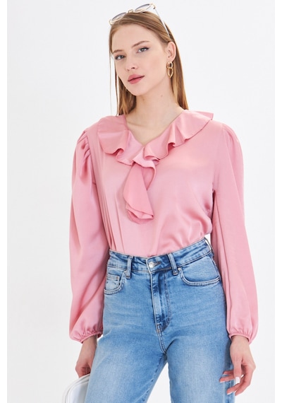 Armonika Kadın Açık Pembe Yakası Fırfırlı Omuzu Büzgülü Kolu Lastikli Pamuk Saten Bluz Arm-22k001059