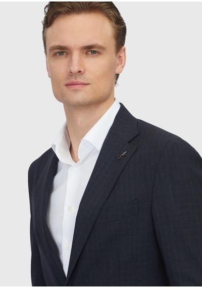 Ramsey Koyu Lacivert Desenli Zeroweight Slim Fit %100 Yün Takım Elbise