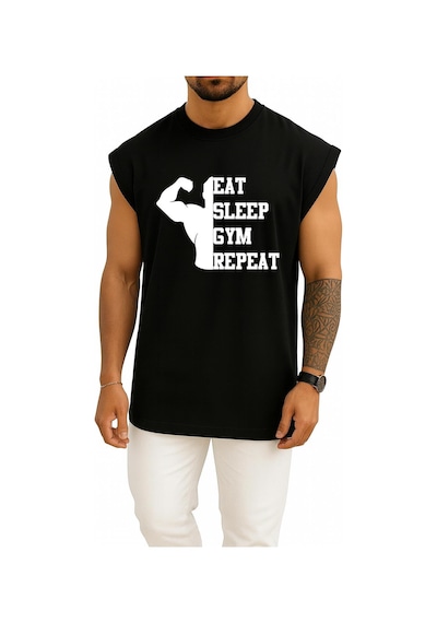 Oversize Eat Sleep Gym Repeat Göğüs Tasarımlı Atlet SIYAH