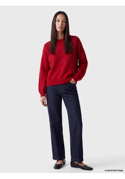 Lcw Everyday Kırmızı Taşlı Oversize Kadın Triko Kazak