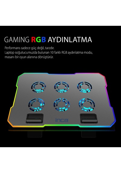 Inc-618gms 6 Fanlı Rgb Laptop Soğutucu Stand 9-17 2400 Rpm 10 Led Mod 5 Kademe Yükseklik Aya