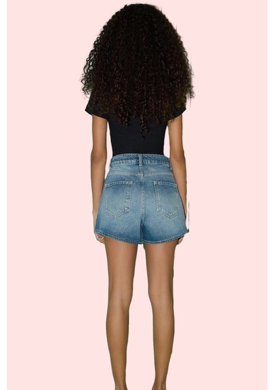 Ersefa Kadın Şort Denim Düz Desen Pamuklu Kısa Boy Geniş Paça Günlük Tar mavi