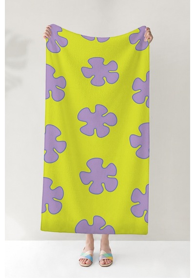 Çiçek Desenli Neon Sarı Lila Plaj Havlusu - Retro Pop Art Modern Hızlı Kuruyan Mikrofiber Havlu Sessiz Melisa