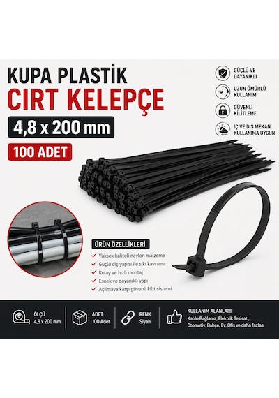 Cırt Kelepçe Plastik Kelepçe Kablo Bağı 1. Sınıf Malzeme Siyah 4,8mm X 200 Mm 100 Adet 100 Adet - Siyah